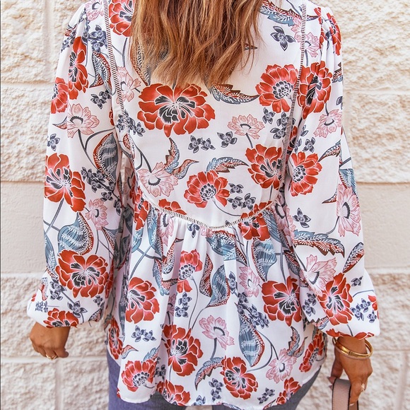 Floral Notched Balloon Sleeve Babydoll Top - Picture 3 of 3